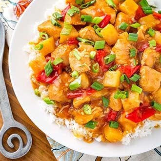 instant pot hawaiian chicken over rice on white plate