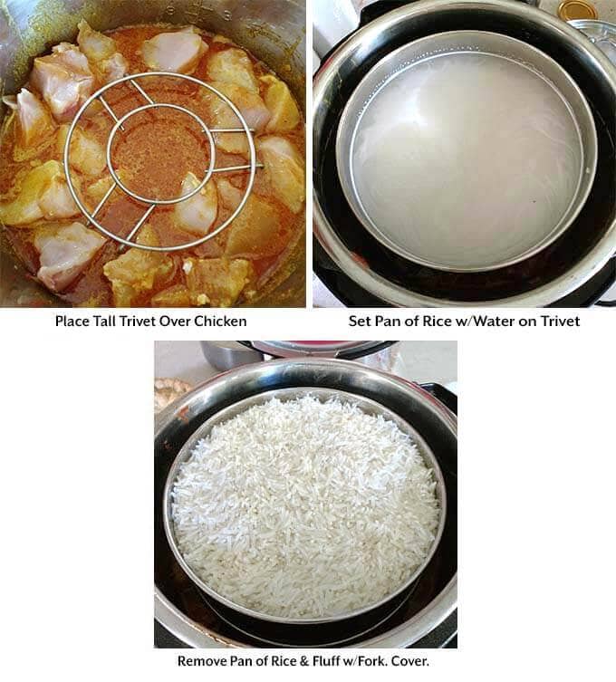 three images showing pot in pot technique using trivet and placing pan of rice over chicken mixture