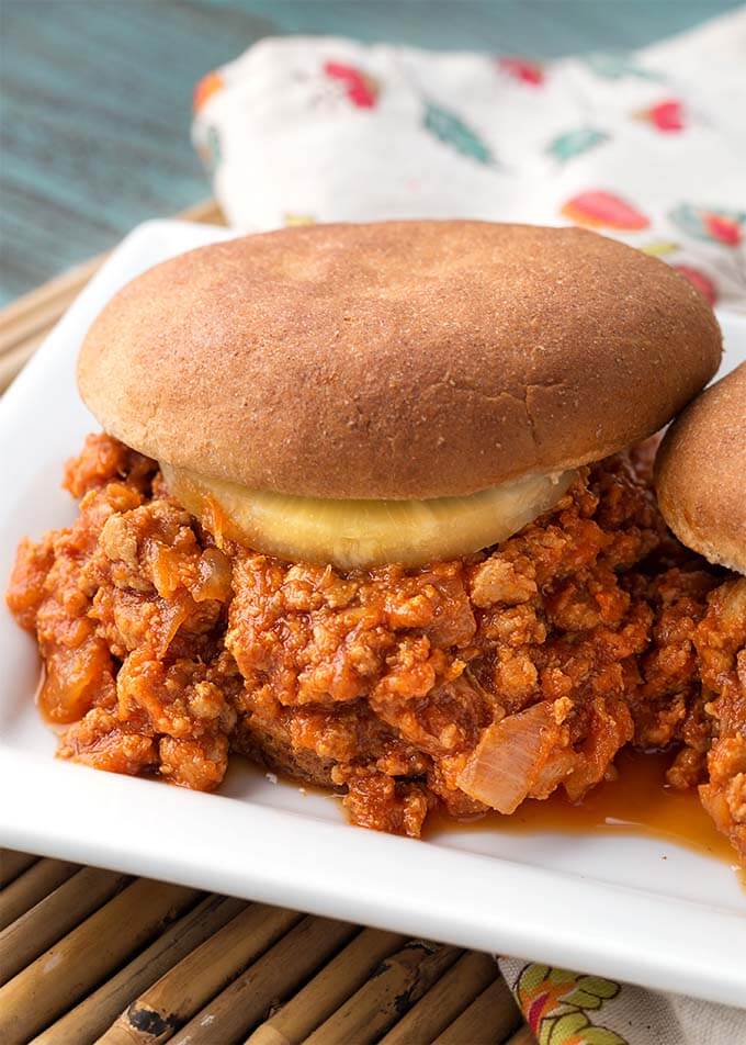 Close up of Hawaiian BBQ Sloppy Joes on a white platter