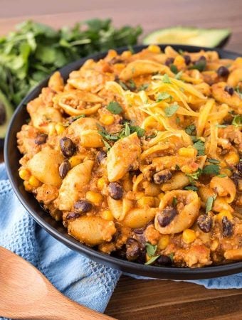 Loaded Taco Pasta on a black plate