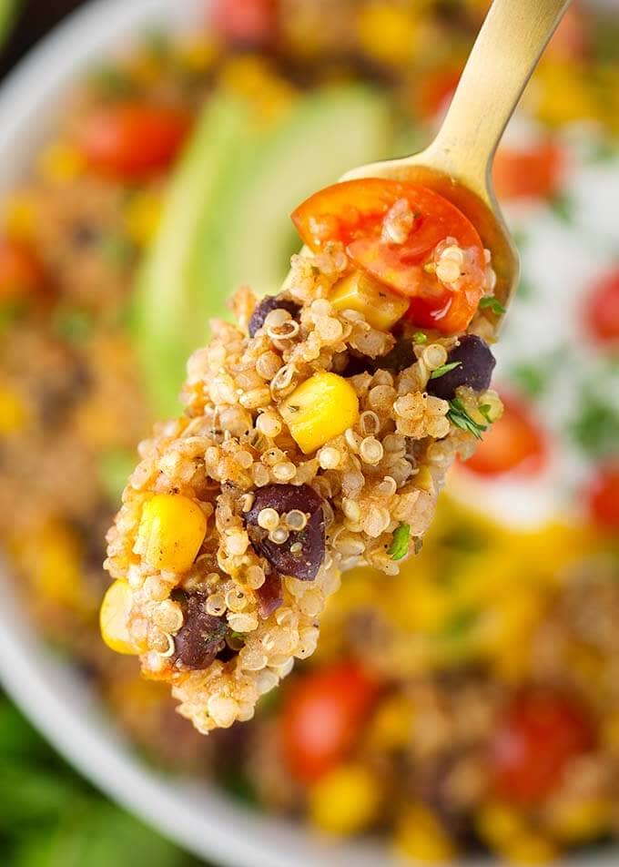 Closeup of forkful of Quinoa Taco Bowls mixture