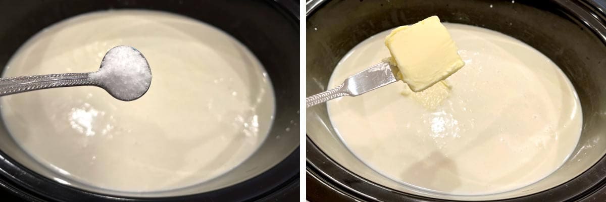 adding salt to crock, adding butter to crock