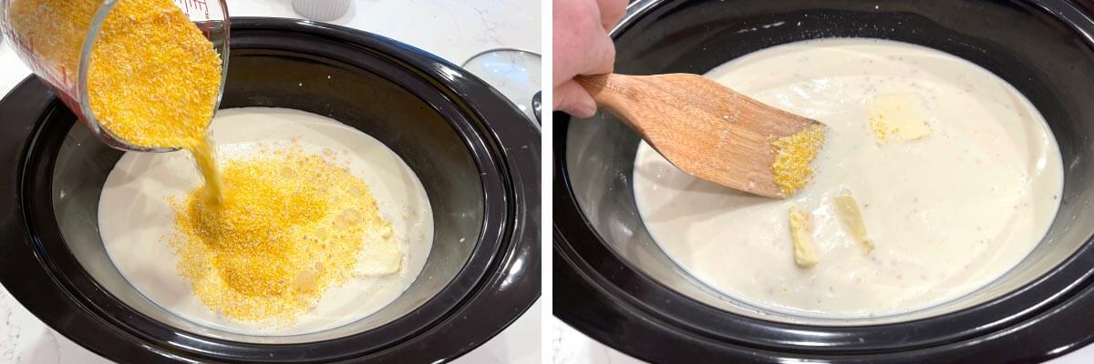 adding grits to the crock, stirring the grits mixture