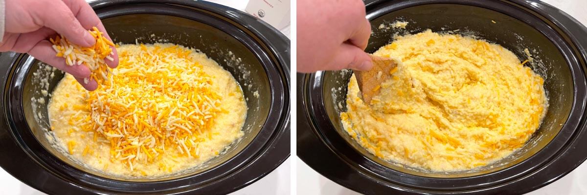 adding cheese to the grits in crock, stirring in the cheese