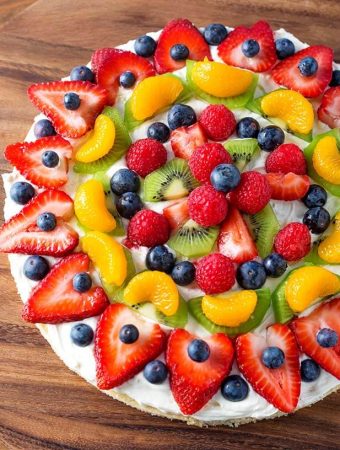 Fresh Fruit Pizza on wooden board