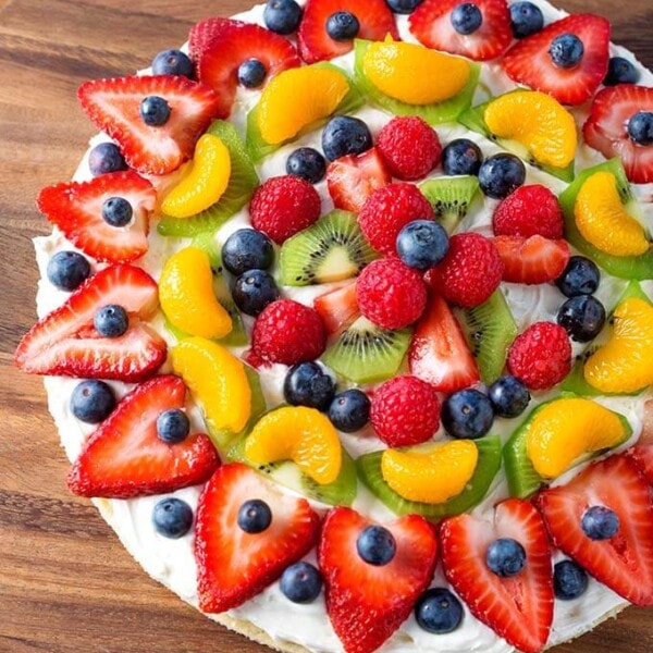 Fresh Fruit Pizza on wooden board