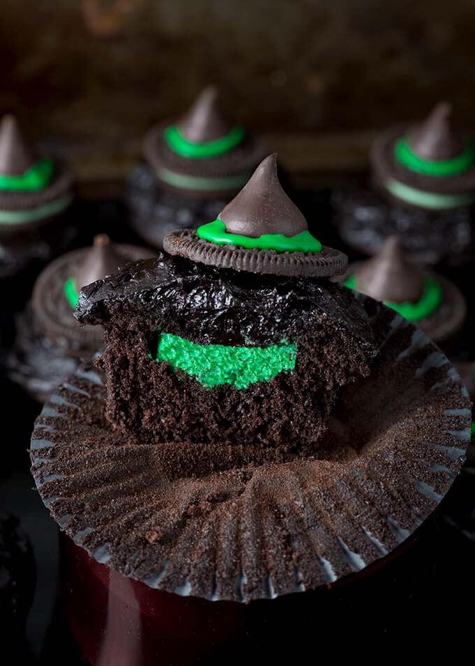 Closeup showing inside of Dark Chocolate Halloween Witch Hat Cupcakes