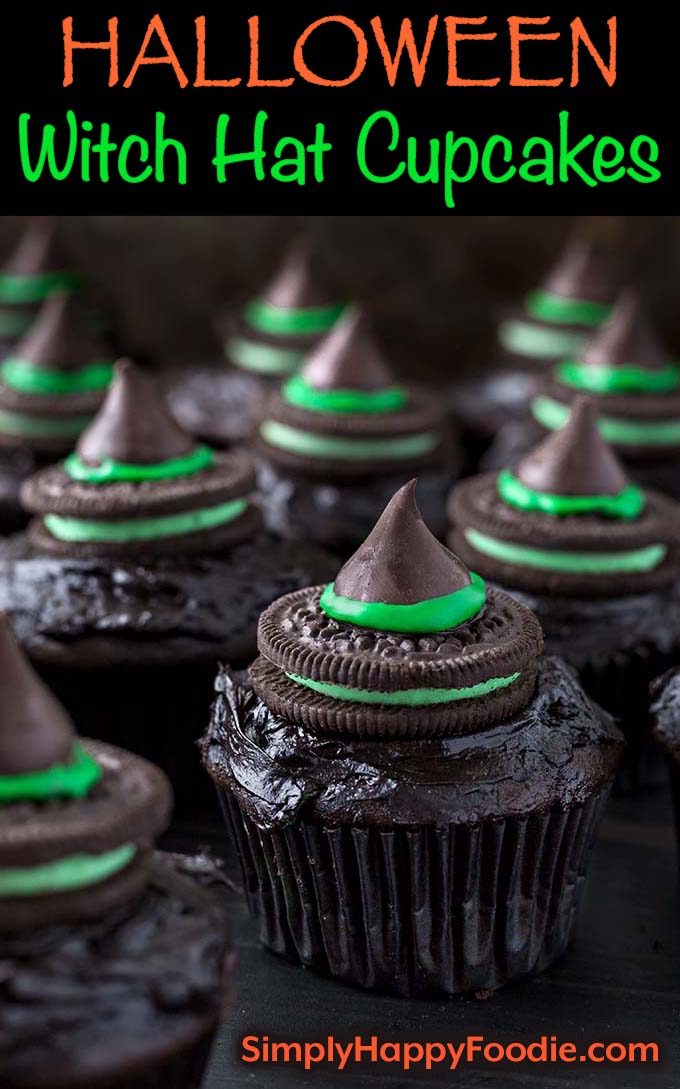 Halloween Witch Hat Cupcakes with the title and Simply Happy Foodie.com logo