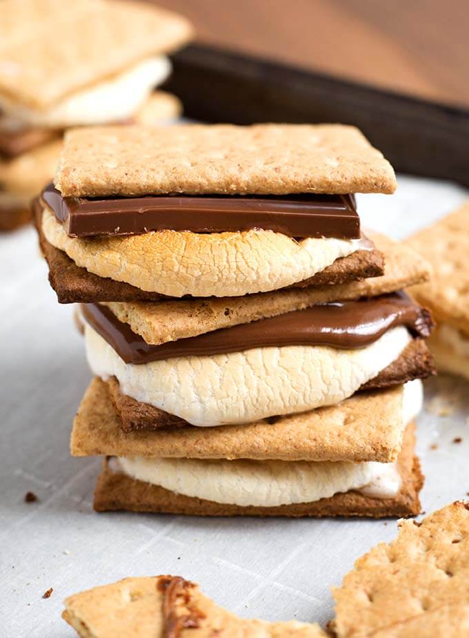 Indoor Oven S'mores stacked on a baking sheet