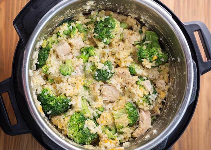 Top view of Chicken Broccoli Rice Casserole in a pressure cooker