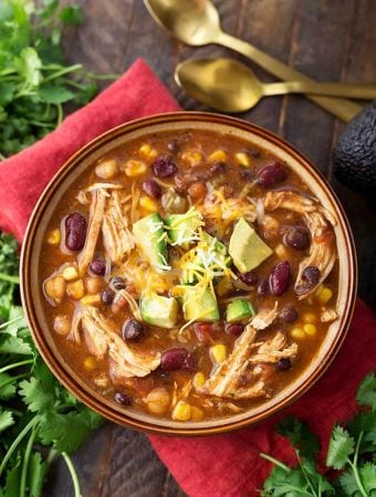 Chicken Taco Soup in a brown bowl on a red napkin next to fresh cilantro