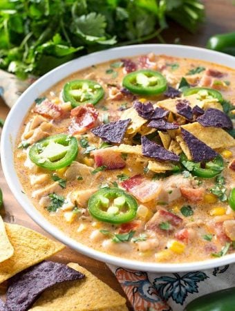 Jalapeño Popper Chicken Chili in a white bowl