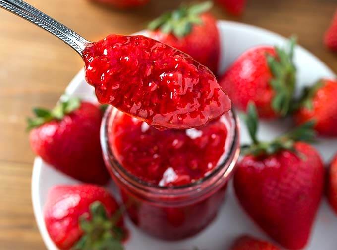 Closeup of spoonful of Strawberry Jam