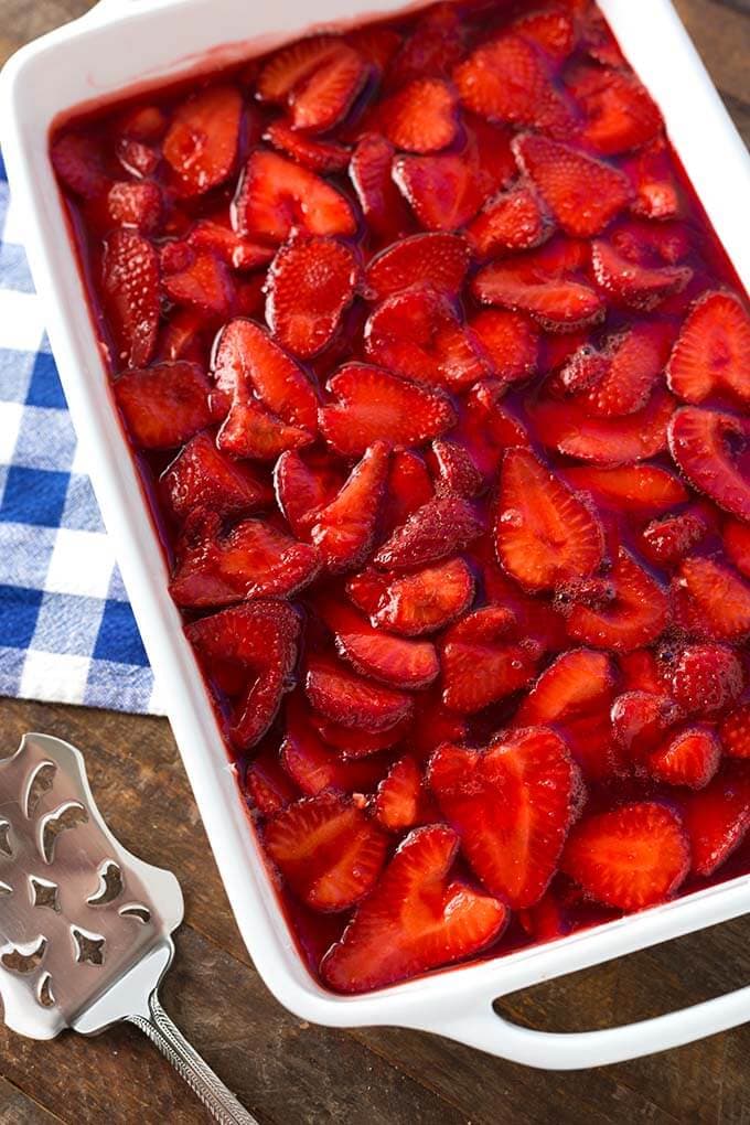 Strawberry Pretzel Jello Salad in white rectangular baking dish