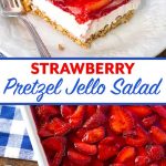 Strawberry Pretzel Jello Salad in a white dish