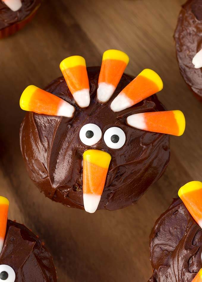 Closeup of Candy Corn Turkey Thanksgiving Cupcake on wooden board