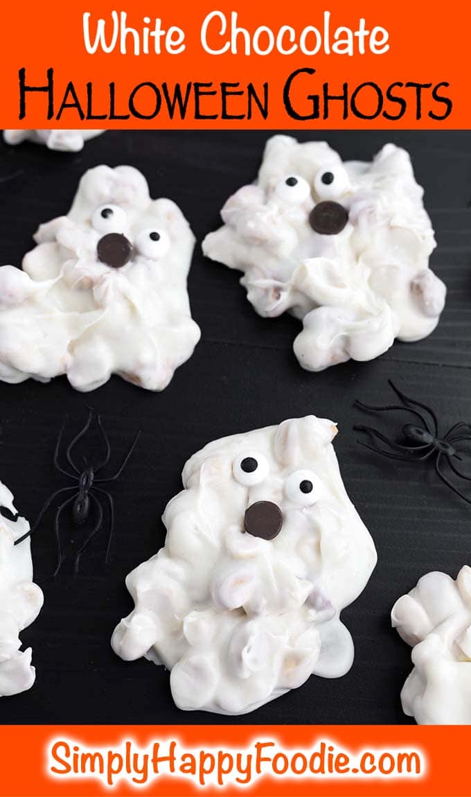 White Chocolate Halloween Ghosts with title and Simply Happy Foodie's logo