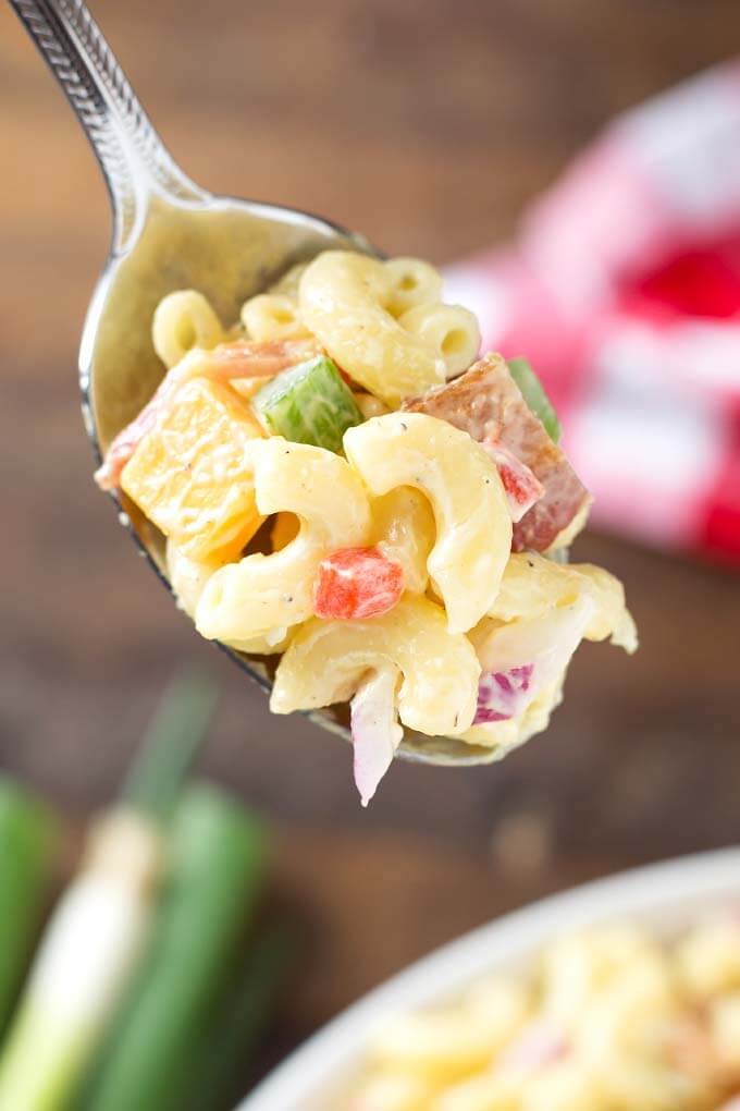Close up of spoonful of Classic Macaroni Salad