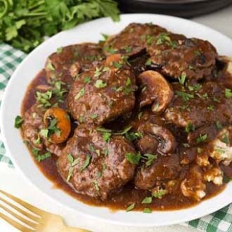 Salisbury Steaks in a white bowl