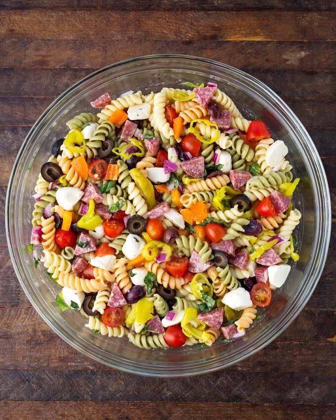 Top view of Italian Pasta Salad in a glass bowl