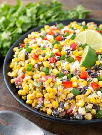 Mexican Street Corn Salad on a black plate