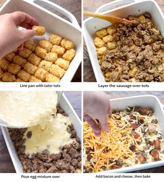 Four process images showing how to make tater tot breakfast casserole with lining pan with tater tots, layering on sausage, pouring mixture, and topping with cheese