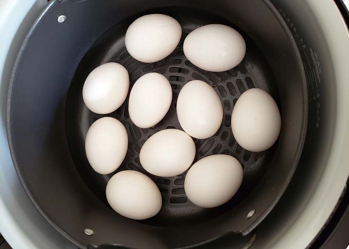 ten uncooked eggs in air fryer basket