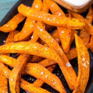 Air Fryer Sweet Potato Fries on black plate