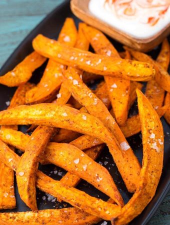 Air Fryer Sweet Potato Fries on black plate