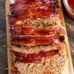 Sliced Air Fryer Turkey Meatloaf on wooden board