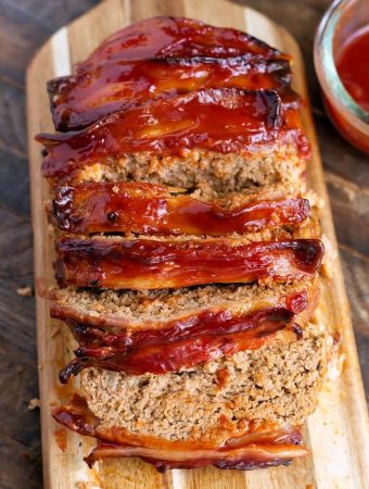 Sliced Air Fryer Turkey Meatloaf on wooden board