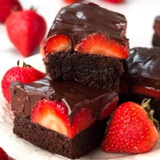 Chocolate Covered Strawberry Brownies on white plate