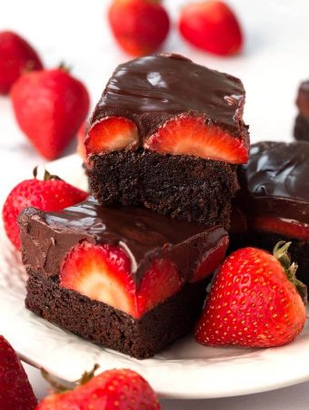 Chocolate Covered Strawberry Brownies on white plate