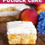 Easy Peach Potluck Cake on a clear glass plate