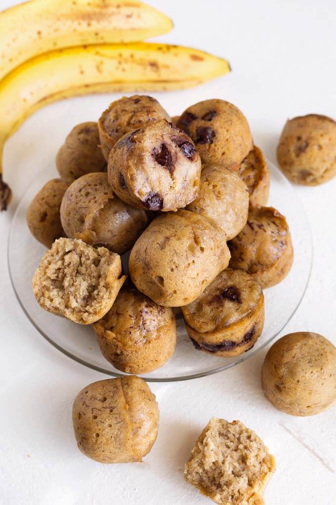 Several Banana Bread Bites on glass plate