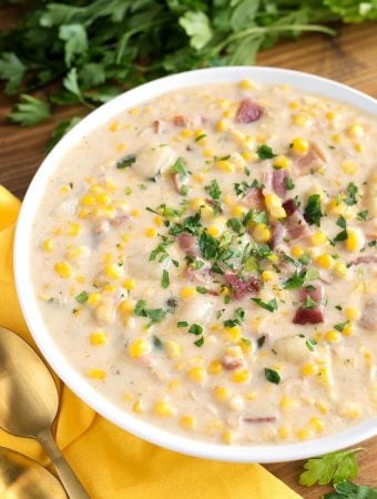 Instant Pot Corn Chowder in white bowl