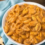 Instant Pot Creamy Beef and Shells in white bowl