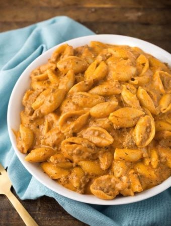 Instant Pot Creamy Beef and Shells in white bowl