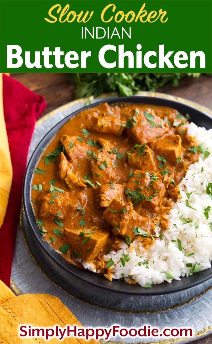 Slow Cooker Indian Butter Chicken with rice on black plate