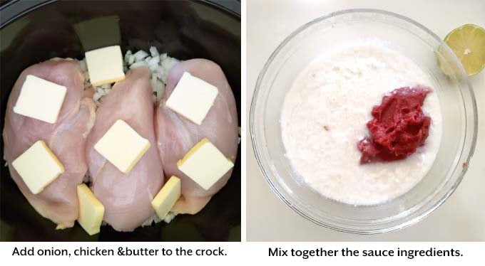 two images showing the process of putting chicken in crock and mixing sauce ingredients.