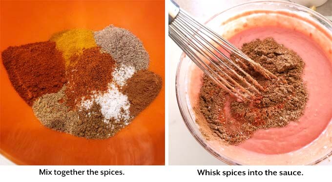 two images showing the whisking together of spices and sauce