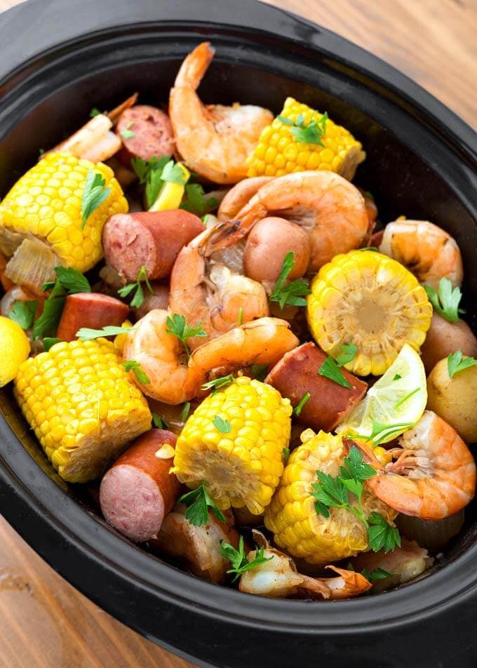 Close up of Shrimp Boil in Slow Cooker