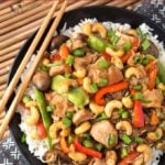 Instant Pot Cashew Chicken on black plate