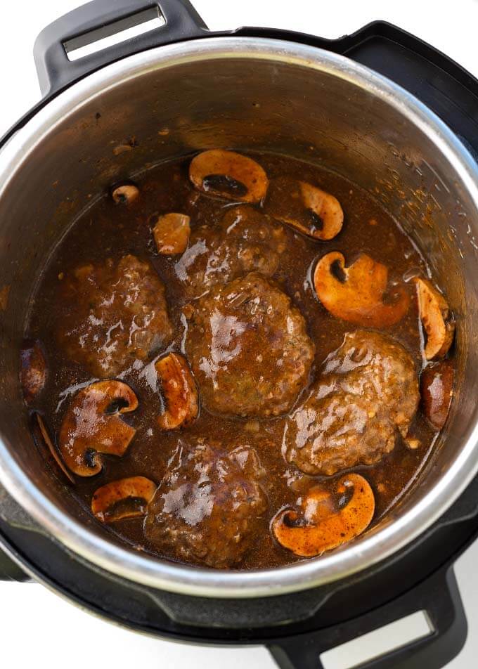 Top view of Salisbury Steaks in pressure cooker