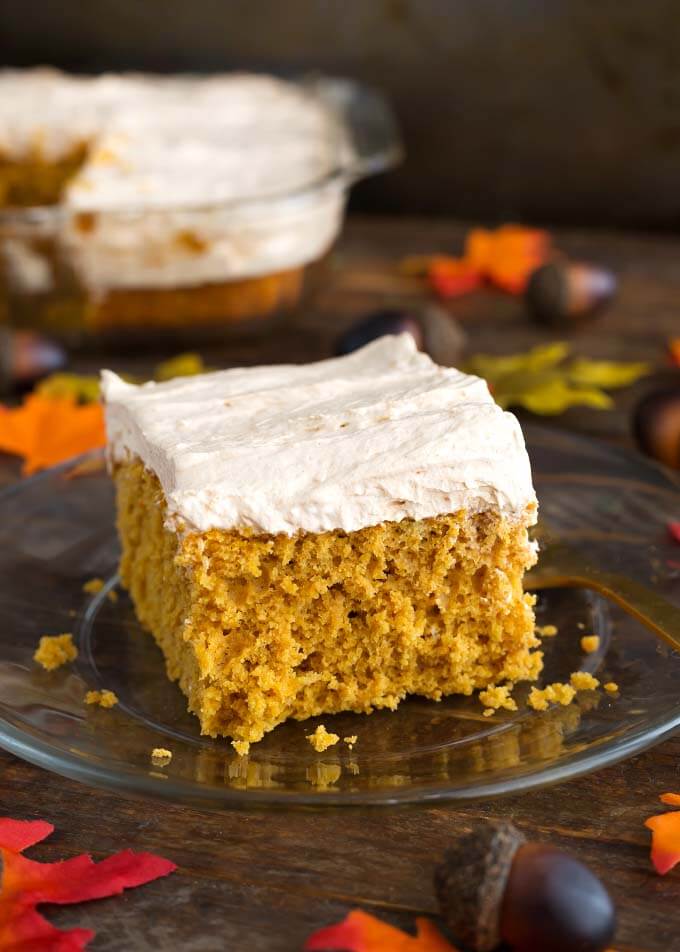 Pumpkin Cake with Cinnamon Butterscotch Frosting on glass plate