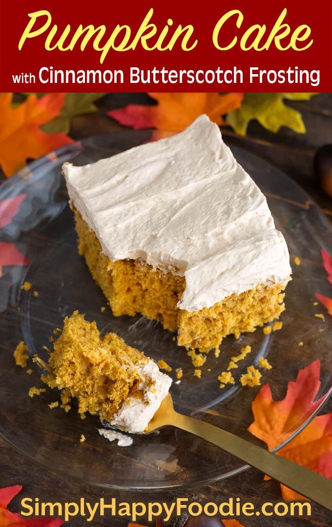 Piece of Pumpkin Cake with Cinnamon Butterscotch Frosting on glass plate with fork