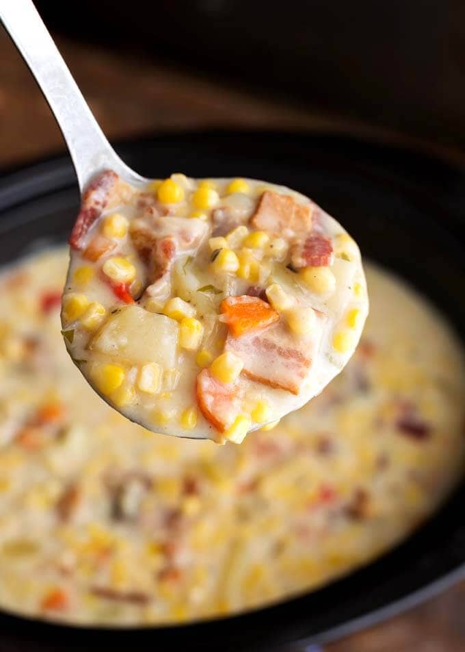 Close up of Corn Chowder on a ladle