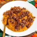 Slow Cooker Creamy Sweet Potatoes in a white bowl