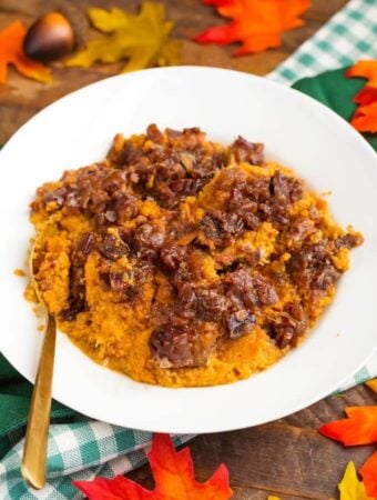 Slow Cooker Creamy Sweet Potatoes in a white bowl