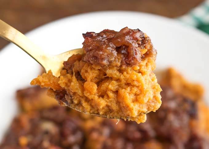 Close up of spoonful of Creamy Sweet Potatoes